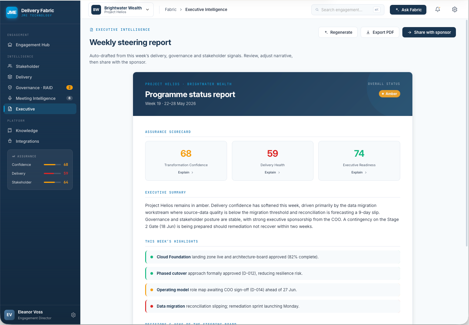 FABRIC Executive Intelligence showing the weekly steering report with programme status scores of 68, 59 and 74 for delivery confidence, delivery health and executive readiness, plus an AI-generated executive summary and next week's highlights